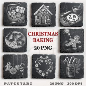 May include: Black and white illustrations of Christmas baking on square slate tiles. Images include gingerbread men, a gingerbread house, cookie cutters, and a jar of candy canes. Text reads "Christmas Baking" and "Baked with Love".