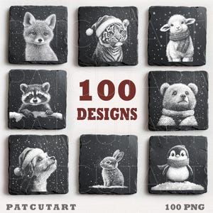 Arquivos de gravação de ardósia de Natal, gravação a laser de PNG de Natal, porta-copos de ardósia de animais fofos PNG, Glowforge, arquivo de gravação a laser de animais, laser de ilusão