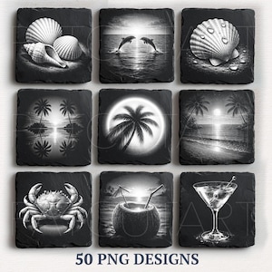May include: A collection of nine black and white square coasters featuring beach-themed designs. Images include seashells, dolphins, palm trees, sunsets, a crab, a coconut drink, and a martini. The text "50 PNG DESIGNS" is at the bottom.