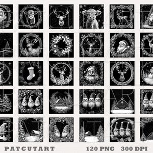 May include: A collection of thirty black and white square digital illustrations featuring Christmas themes including Santa Claus, reindeer, highland cows, snowmen, gnomes, winter landscapes, barns, and festive wreaths with the text PATCHART 120 PNG 300 DPI.