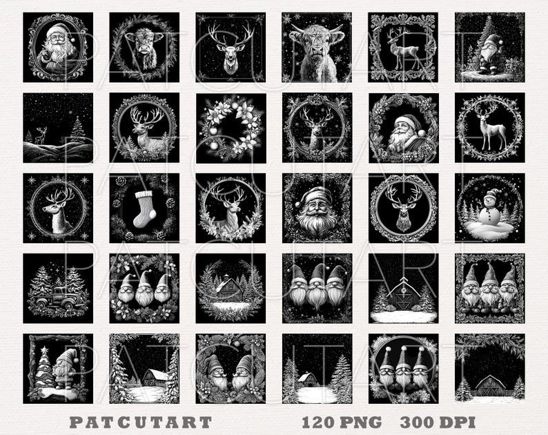 May include: A collection of thirty black and white square digital illustrations featuring Christmas themes including Santa Claus, reindeer, highland cows, snowmen, gnomes, winter landscapes, barns, and festive wreaths with the text PATCHART 120 PNG 300 DPI.