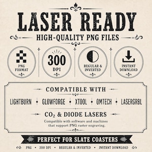 May include: A digital graphic advertisement for laser ready high-quality PNG files. The text includes LASER READY, 300 DPI, COMPATIBLE WITH LIGHTBURN, GLOWFORGE, XTOOL, OMTECH, LASERGRBL, CO2 & DIODE LASERS, and PERFECT FOR SLATE COASTERS in black ink.