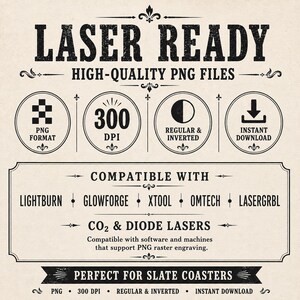 May include: A digital graphic advertisement for laser ready high-quality PNG files. The text includes LASER READY, 300 DPI, COMPATIBLE WITH LIGHTBURN, GLOWFORGE, XTOOL, OMTECH, LASERGRBL, CO2 & DIODE LASERS, and PERFECT FOR SLATE COASTERS in black ink.