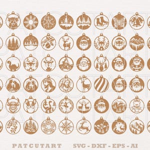Op de afbeelding: Een verzameling lasergesneden kerstballen in een warme bruine kleur, met diverse ontwerpen zoals dieren, kerstthema's en religieuze figuren. De ornamenten hebben gedetailleerde uitgesneden patronen. De tekst "PATCUTART" en "SVG - DXF - EPS - AI" staat onderaan.