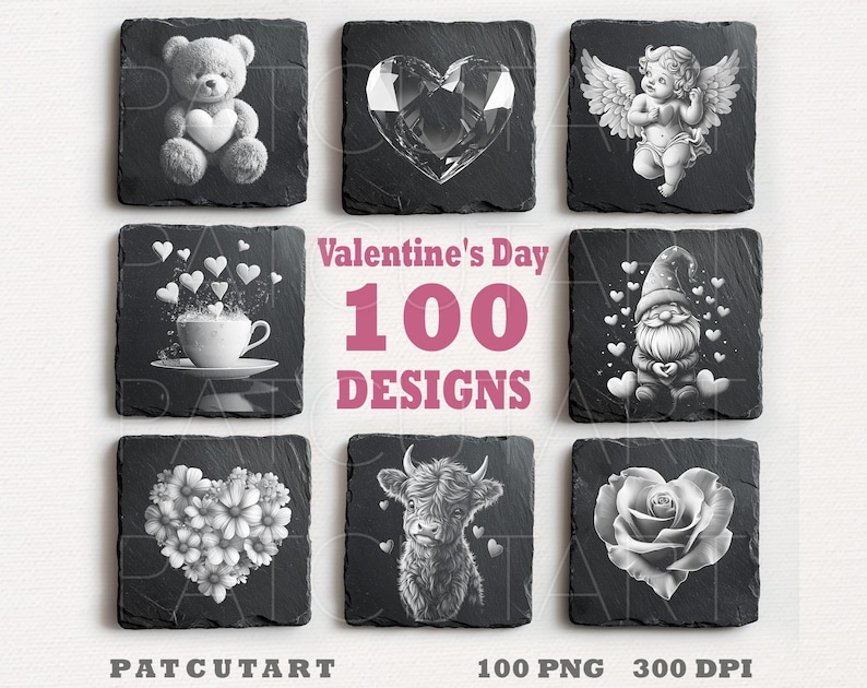 May include: A collection of square black slate coasters featuring various Valentine's Day designs including a teddy bear, heart, angel, coffee cup, gnome, flower heart, highland cow, and rose. The text reads Valentine's Day 100 DESIGNS.