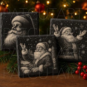 May include: Three square black slate coasters featuring detailed white etched illustrations of Santa Claus. One coaster shows a close-up portrait, while the other two depict Santa with arms raised amidst falling snowflakes and pine trees.