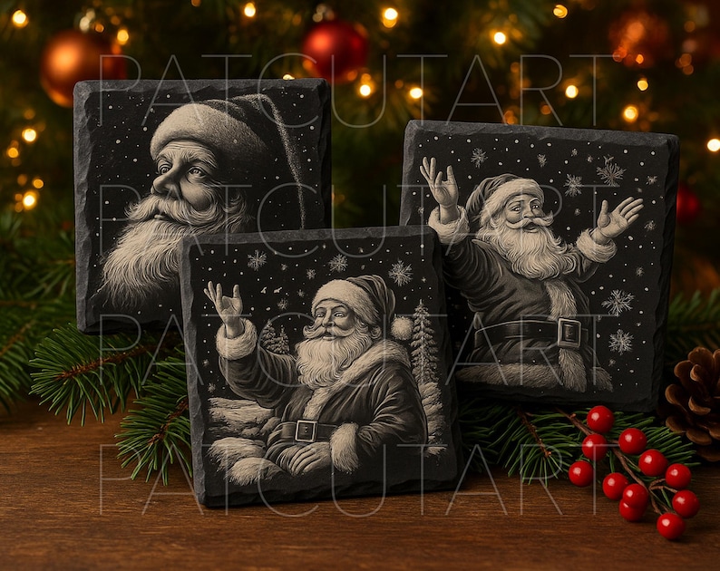 May include: Three square black slate coasters featuring detailed white etched illustrations of Santa Claus. One coaster shows a close-up portrait, while the other two depict Santa with arms raised amidst falling snowflakes and pine trees.
