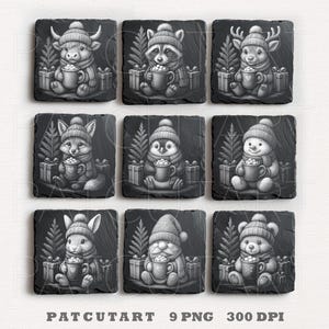 May include: Nine square slate coasters with black and white illustrations of woodland creatures in winter attire, each holding a mug. The creatures include a bull, raccoon, deer, fox, penguin, snowman, rabbit, gnome, and bear. The text "PATCUTART 9 PNG 300 DPI" is at the bottom.