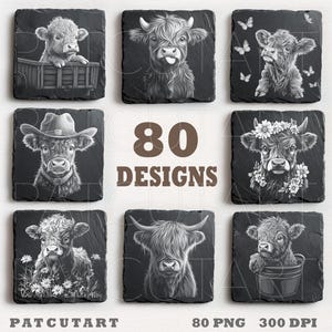 May include: A set of 80 black and white digital illustrations of Highland cattle in various poses. The illustrations are perfect for crafting projects, scrapbooking, and digital design.