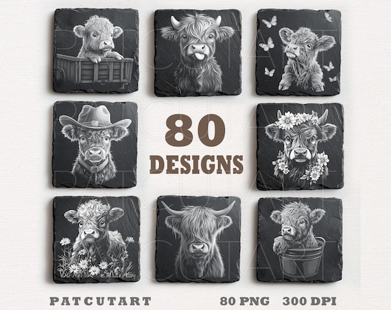 Cow Slate Engraving Files, Highland Cow PNG Laser Engrave, Cow Slate Coasters PNG, Cow Laser, Glowforge, Animal Laser Burn, Illusion Laser