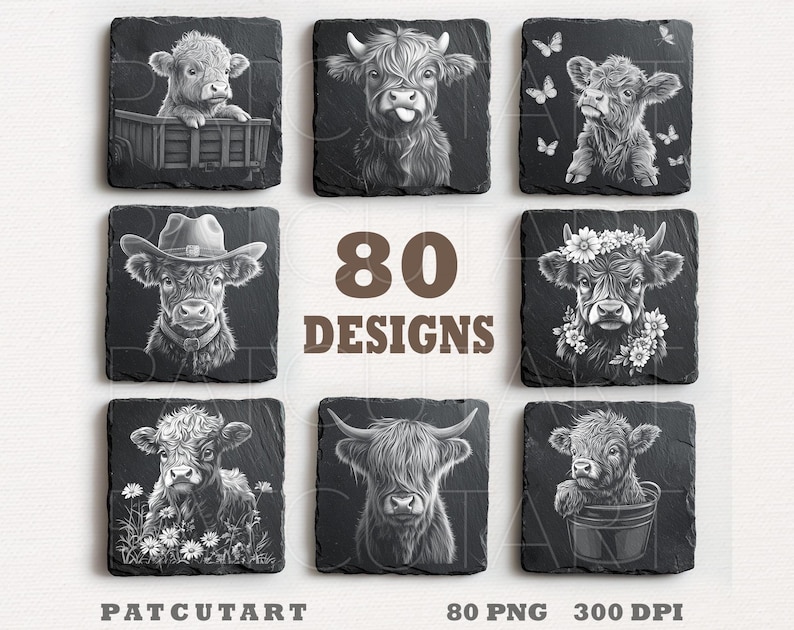 May include: A set of 80 black and white digital illustrations of Highland cattle in various poses. The illustrations are perfect for crafting projects, scrapbooking, and digital design.