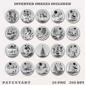 May include: A collection of 20 black and white Christmas-themed circular images. Each image features a different winter scene, including Santa Claus, reindeer, snowmen, and Christmas trees. The text "INVERTED IMAGES INCLUDED" and "PATCUTART" are visible.