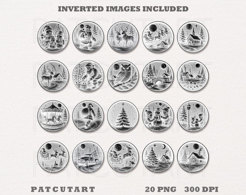May include: A collection of 20 black and white Christmas-themed circular images. Each image features a different winter scene, including Santa Claus, reindeer, snowmen, and Christmas trees. The text "INVERTED IMAGES INCLUDED" and "PATCUTART" are visible.