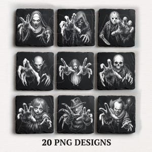 Puede incluir: Un juego de nueve posavasos cuadrados de pizarra negra con ilustraciones blancas detalladas de varios personajes de terror, incluyendo una monja, una parca, un asesino enmascarado, un vampiro, un fantasma, un esqueleto y un payaso.