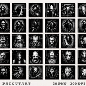 May include: A collection of thirty square digital illustrations featuring black and white portraits of various horror movie characters, including masked slashers, clowns, and supernatural figures, arranged in a grid with the text PATCUTART.