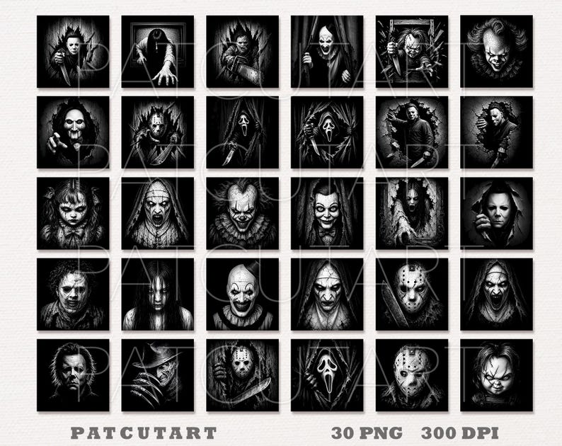 May include: A collection of thirty square digital illustrations featuring black and white portraits of various horror movie characters, including masked slashers, clowns, and supernatural figures, arranged in a grid with the text PATCUTART.