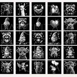May include: A collection of twenty-five square black and white digital illustrations featuring various characters including gnomes, highland cows, raccoons, penguins, and hearts. The grid layout displays diverse motifs with a watermark overlay.