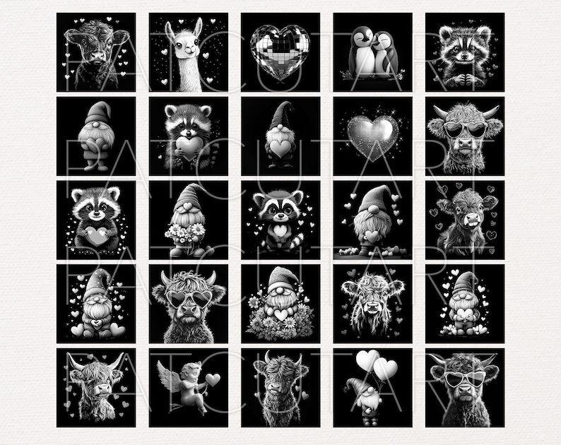 May include: A collection of twenty-five square black and white digital illustrations featuring various characters including gnomes, highland cows, raccoons, penguins, and hearts. The grid layout displays diverse motifs with a watermark overlay.