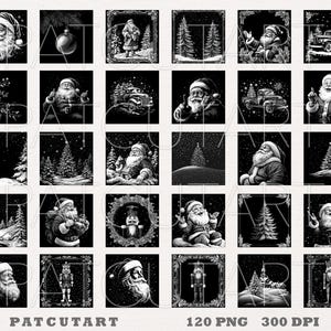 May include: A collection of 30 square black and white digital illustrations featuring Santa Claus, nutcrackers, vintage trucks, and snowy pine trees. The grid layout displays various holiday scenes with intricate line work and the text PATCUTART.