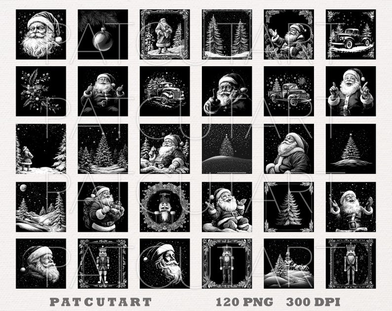May include: A collection of 30 square black and white digital illustrations featuring Santa Claus, nutcrackers, vintage trucks, and snowy pine trees. The grid layout displays various holiday scenes with intricate line work and the text PATCUTART.