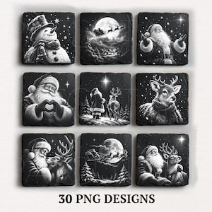 May include: A collection of nine square black slate coasters featuring white Christmas-themed illustrations including a snowman, Santa Claus, reindeer, and sleighs under a full moon. The text 30 PNG DESIGNS is printed at the bottom of the image.