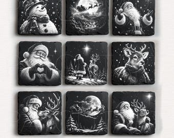 Weihnachtliche Schieferuntersetzer (PNG), Lasergravurdateien, Weihnachtsmann-, Rentier- und Schneemannmotive, weihnachtliche Laser-Illusion