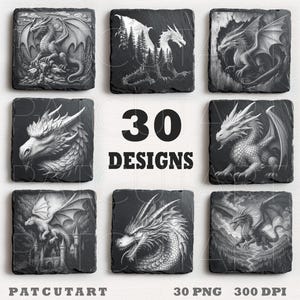 May include: A collection of nine square, black and white dragon designs on slate coasters. Each coaster features a unique dragon illustration, with various poses and settings. The text "30 DESIGNS" is prominently displayed.