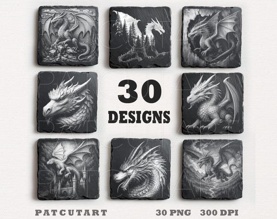 Dragons slate engraving files, Dragon png laser engrave, Dragons glowforge, Dragon Slate Coasters PNG, Laser Burn File, Illusion Laser PNG