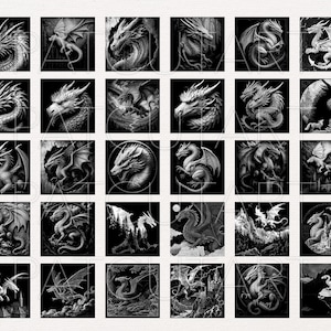 May include: A grid of 25 monochrome dragon illustrations, each within a square. The dragons display diverse poses and features, including wings and intricate scales. The artwork is highly detailed and fantasy-inspired.