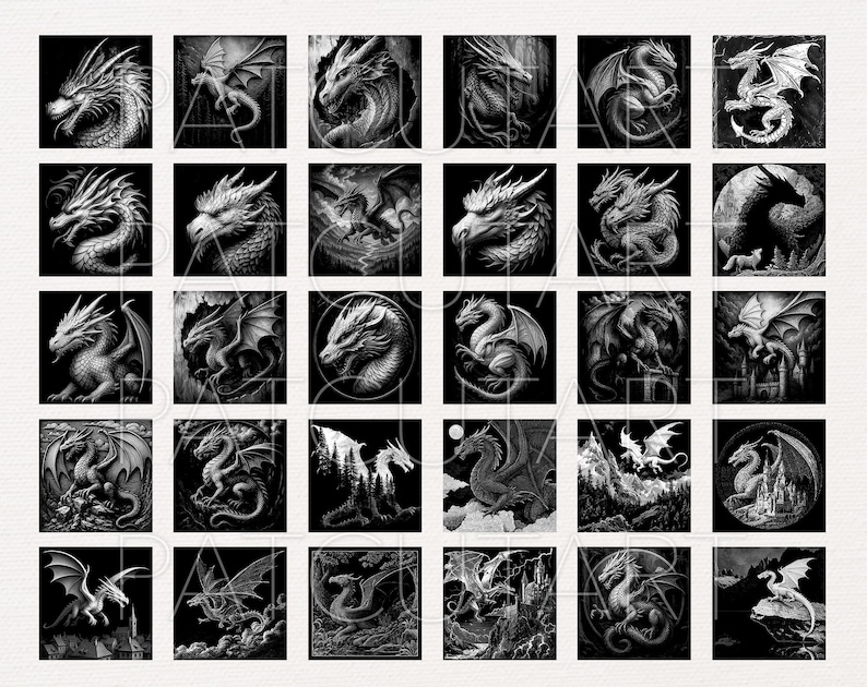 May include: A grid of 25 monochrome dragon illustrations, each within a square. The dragons display diverse poses and features, including wings and intricate scales. The artwork is highly detailed and fantasy-inspired.