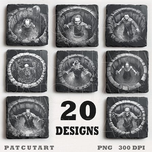 Halloween slate engraving files, Halloween png laser engrave, glowforge, Spooky Slate Coasters PNG, Laser Burn File, Illusion Laser PNG