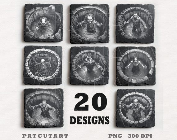 Halloween slate engraving files, Halloween png laser engrave, glowforge, Spooky Slate Coasters PNG, Laser Burn File, Illusion Laser PNG
