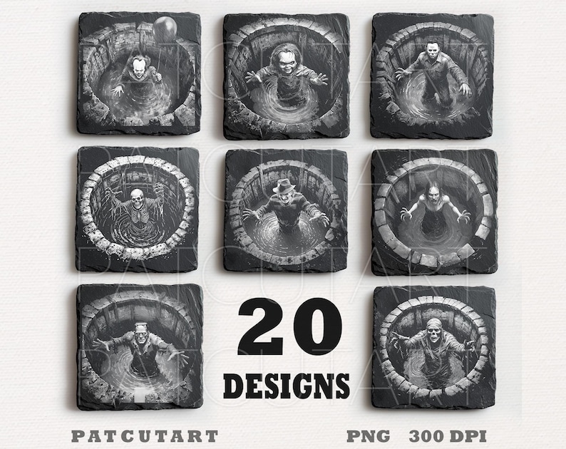 May include: A collection of eight square slate coasters featuring black and white illustrations of horror movie characters emerging from stone wells. The center displays the text 20 DESIGNS, with PATCUTART and PNG 300 DPI printed at the bottom.