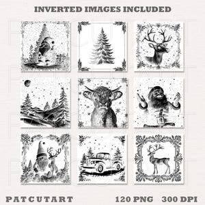 May include: A collection of nine square black and white digital illustrations featuring holiday themes including a gnome, a pine tree, a reindeer, a snowy mountain landscape, a highland cow, Santa Claus, a truck, and decorative frames with text.