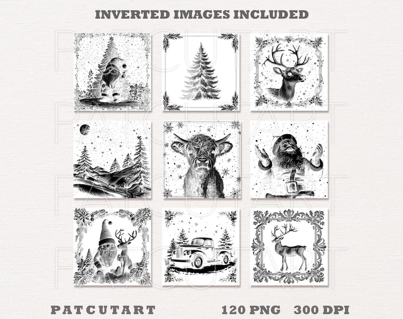 May include: A collection of nine square black and white digital illustrations featuring holiday themes including a gnome, a pine tree, a reindeer, a snowy mountain landscape, a highland cow, Santa Claus, a truck, and decorative frames with text.