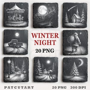 May include: A set of black and white winter-themed illustrations on square slate coasters. The designs feature a carousel, Santa's sleigh, a church, a truck, Santa Claus, a lamplit path, and a snowy scene. The text "WINTER NIGHT" and "20 PNG" are also visible.