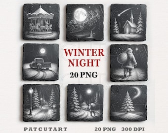 May include: A collection of eight square slate coasters featuring white etched winter night scenes, including a carousel, Santa in a sleigh, a church, a truck, and snowy landscapes. The text WINTER NIGHT 20 PNG is centered in red and black.