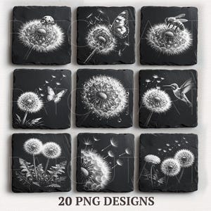 Dandelion Slate Engraving Png, Dandelion PNG Laser Engrave, Botanical Slate Coasters, Glowforge, Flowers Laser Burn File, Illusion Laser Png