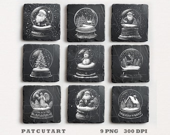May include: A set of nine square black slate coasters featuring white engraved illustrations of Christmas snow globes. The designs include Santa Claus, a snowman, a reindeer, a Christmas tree, an angel, and winter cabins, all set against a dark background.