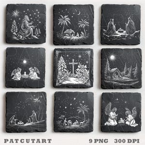 Puede incluir: Nueve ilustraciones digitales en blanco y negro de escenas navideñas sobre un fondo de pizarra. Las escenas incluyen la Natividad, ángeles, estrellas y un pastor.
