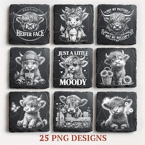Peut inclure: Un ensemble de neuf dessous de verre carrés en ardoise noire avec des illustrations au trait blanc de vaches Highland. Les motifs incluent des veaux avec des accessoires comme des nœuds, des bonnets et des lunettes, avec des textes comme Resting Heifer Face.
