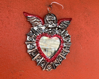 Mexican Artisan Angel Tin Heart Mirror - Handcrafted Decor from Oaxaca, Mexico - Angel Wall Mirror