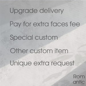 May include: Text on a white background with the words "Upgrade delivery", "Pay for extra faces fee", "Special custom", "Other custom item", and "Unique extra request".