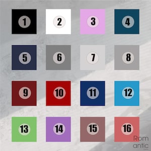 K&ouml;nnte beinhalten: Eine Tabelle mit 16 Farbfeldern, jedes mit einem wei&szlig;en Kreis, der eine Zahl von 1 bis 16 enth&auml;lt. Die Farben sind Schwarz, Wei&szlig;, Rosa, T&uuml;rkis, Dunkelblau, Grau, Hellgrau, Dunkelgrau, Burgunderrot, Rot, Dunkelblau, Hellblau, Gr&uuml;n, Lila, Braun und Koralle.