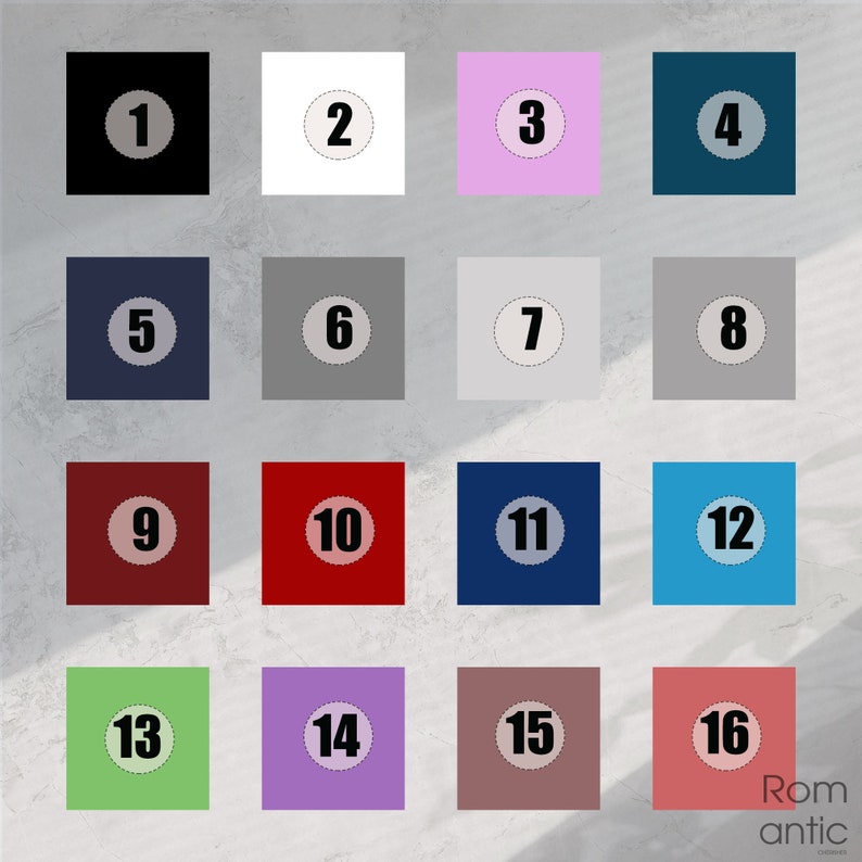 K&ouml;nnte beinhalten: Eine Tabelle mit 16 Farbfeldern, jedes mit einem wei&szlig;en Kreis, der eine Zahl von 1 bis 16 enth&auml;lt. Die Farben sind Schwarz, Wei&szlig;, Rosa, T&uuml;rkis, Dunkelblau, Grau, Hellgrau, Dunkelgrau, Burgunderrot, Rot, Dunkelblau, Hellblau, Gr&uuml;n, Lila, Braun und Koralle.