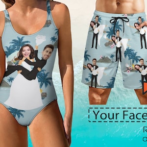 Aangepaste strandshort met gezicht, gepersonaliseerde vrouwen bruiloft badpak met foto, aangepaste foto badmode grappig cadeau voor vriend vriendin
