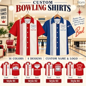 Puede incluir: Dos camisas de bolos de manga corta con botones, una roja y otra azul, ambas con un panel vertical blanco con rayas finas y un gráfico de bolos con el texto YOUR TEAM. La imagen muestra cuatro estilos de diseño diferentes.