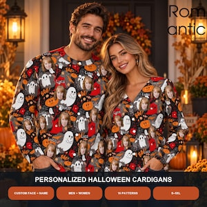 May include: Two long-sleeved cardigans featuring a black background with a repeating Halloween pattern of white ghosts, orange pumpkins, and red bats. Each garment includes a personalized photo of a face and the name Luca printed repeatedly.