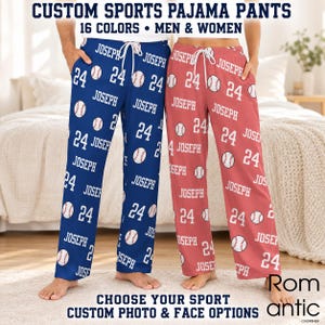 May include: Custom sports pajama pants in blue and red, featuring a repeating pattern of the name Joseph, the number 24, and baseball graphics. Both pairs have white drawstring waistbands and a loose, straight-leg fit.