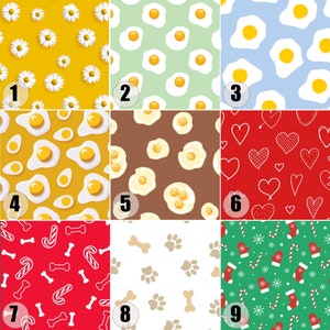 May include: Nine different seamless patterns are displayed. They include daisies on yellow, fried eggs on green, blue, and yellow, hearts on red, candy canes and bones on red, paw prints and bones on white, and Christmas-themed patterns.